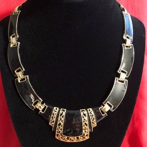 Shiny Black and Gold Toned Statement Necklace